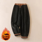 Buddha Stones Color Contrast Corduroy Cotton Women's Thermal Fleece-Lined Harem Pants With Pockets