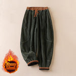 Buddha Stones Color Contrast Corduroy Cotton Women's Thermal Fleece-Lined Harem Pants With Pockets