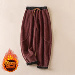 Buddha Stones Color Contrast Corduroy Cotton Women's Thermal Fleece-Lined Harem Pants With Pockets