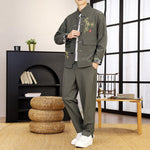 Buddha Stones 2Pcs Tang Suit Bamboo Frog-Button Men's Long Sleeve Shirt Pants Clothing Set