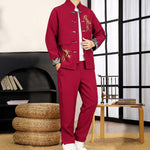 Buddha Stones 2Pcs Tang Suit Bamboo Frog-Button Men's Long Sleeve Shirt Pants Clothing Set