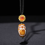 Buddha Stones Tibetan Agate Carved God of Wealth Nine-eye Dzi Bead Blessing Necklace Pendant