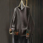 Buddha Stones Winter Patchwork Design Long Sleeve Crew Neck Women's Cotton Sweater