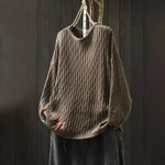 Buddha Stones Winter Patchwork Design Long Sleeve Crew Neck Women's Cotton Sweater