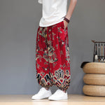 Buddha Stones Summer Dragon Drawstring Design Cotton Linen Men's Harem Pants With Pockets