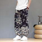 Buddha Stones Summer Dragon Drawstring Design Cotton Linen Men's Harem Pants With Pockets