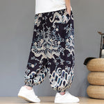Buddha Stones Summer Dragon Drawstring Design Cotton Linen Men's Harem Pants With Pockets