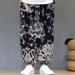 Buddha Stones Summer Dragon Drawstring Design Cotton Linen Men's Harem Pants With Pockets