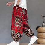 Buddha Stones Summer Dragon Drawstring Design Cotton Linen Men's Harem Pants With Pockets
