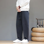 Buddha Stones Winter Solid Color Fleece-lined Men's Cotton Linen Pants With Pockets