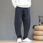 Buddha Stones Winter Solid Color Fleece-lined Men's Cotton Linen Pants With Pockets