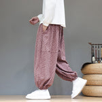 Buddha Stones Fall Texture Drawstring Design Corduroy Cotton Linen Men's Harem Pants With Pockets
