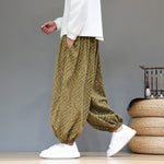Buddha Stones Fall Texture Drawstring Design Corduroy Cotton Linen Men's Harem Pants With Pockets