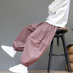 Buddha Stones Fall Texture Drawstring Design Corduroy Cotton Linen Men's Harem Pants With Pockets