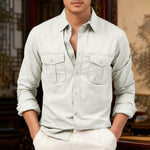 Buddha Stones Solid Color Men's Stand Collar Long Sleeve Shirt With Pockets