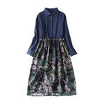 Buddha Stones Fall Printed Patchwork Design Drawstring Long Sleeve Linen Midi Dress With Pockets