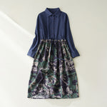 Buddha Stones Fall Printed Patchwork Design Drawstring Long Sleeve Linen Midi Dress With Pockets
