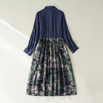 Buddha Stones Fall Printed Patchwork Design Drawstring Long Sleeve Linen Midi Dress With Pockets