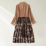 Buddha Stones Fall Printed Patchwork Design Drawstring Long Sleeve Linen Midi Dress With Pockets