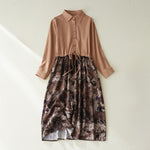 Buddha Stones Fall Printed Patchwork Design Drawstring Long Sleeve Linen Midi Dress With Pockets