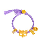 Buddha Stones 24k Gold Plated Brass Fox Bell Charm Fu Character Woven Purple String Luck Bracelet