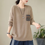 Buddha Stones Fall Floral Decorative Pocket Pattern Knitted Cotton Women's Long Sleeve Sweater