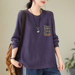Buddha Stones Fall Floral Decorative Pocket Pattern Knitted Cotton Women's Long Sleeve Sweater