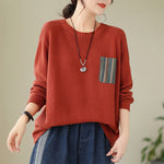 Buddha Stones Fall Floral Decorative Pocket Pattern Knitted Cotton Women's Long Sleeve Sweater