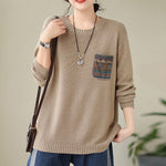 Buddha Stones Fall Floral Decorative Pocket Pattern Knitted Cotton Women's Long Sleeve Sweater