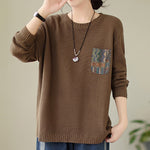 Buddha Stones Fall Floral Decorative Pocket Pattern Knitted Cotton Women's Long Sleeve Sweater