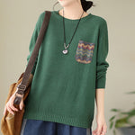 Buddha Stones Fall Floral Decorative Pocket Pattern Knitted Cotton Women's Long Sleeve Sweater