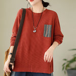Buddha Stones Fall Floral Decorative Pocket Pattern Knitted Cotton Women's Long Sleeve Sweater