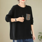 Buddha Stones Fall Floral Decorative Pocket Pattern Knitted Cotton Women's Long Sleeve Sweater