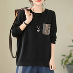 Buddha Stones Fall Floral Decorative Pocket Pattern Knitted Cotton Women's Long Sleeve Sweater