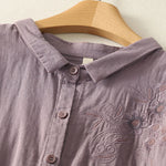 Buddha Stones Embroidered Flower Vine Pattern Long Sleeve Women's Lapel Shirt