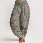 Buddha Stones Cotton Casual Bamboo Rock Ink Painting Women's Elastic Waist Harem Pants