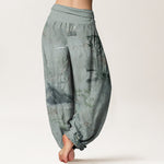 Buddha Stones Cotton Casual Bamboo Rock Ink Painting Women's Elastic Waist Harem Pants