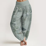 Buddha Stones Cotton Casual Bamboo Rock Ink Painting Women's Elastic Waist Harem Pants
