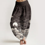 Buddha Stones Cotton Casual Wave Moon Mountain Pattern Women's Elastic Waist Harem Pants