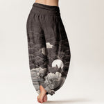 Buddha Stones Cotton Casual Wave Moon Mountain Pattern Women's Elastic Waist Harem Pants