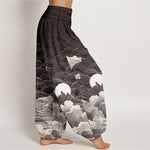 Buddha Stones Cotton Casual Wave Moon Mountain Pattern Women's Elastic Waist Harem Pants