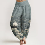 Buddha Stones Cotton Casual Wave Moon Mountain Pattern Women's Elastic Waist Harem Pants