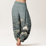 Buddha Stones Cotton Casual Wave Moon Mountain Pattern Women's Elastic Waist Harem Pants