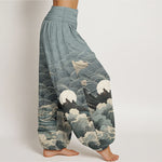 Buddha Stones Cotton Casual Wave Moon Mountain Pattern Women's Elastic Waist Harem Pants