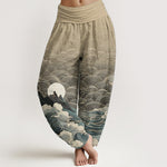 Buddha Stones Cotton Casual Wave Moon Mountain Pattern Women's Elastic Waist Harem Pants