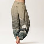 Buddha Stones Cotton Casual Wave Moon Mountain Pattern Women's Elastic Waist Harem Pants