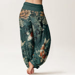 Buddha Stones Cotton Colorful Koi Fish Lotus Flowers Design Women's Elastic Waist Harem Pants