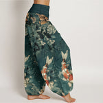 Buddha Stones Cotton Colorful Koi Fish Lotus Flowers Design Women's Elastic Waist Harem Pants