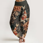 Buddha Stones Cotton Colorful Koi Fish Lotus Flowers Design Women's Elastic Waist Harem Pants