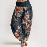 Buddha Stones Cotton Colorful Koi Fish Lotus Flowers Design Women's Elastic Waist Harem Pants